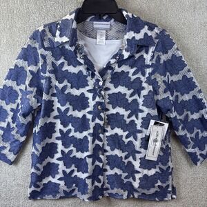 Alfred Dunner Blouse Top Small Petite Sheer Mesh Floral Button Up Blue Bayou NEW